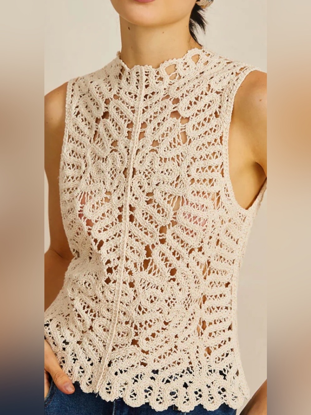 Commense Crochet Sleeveless Shell Top in Soft Cream